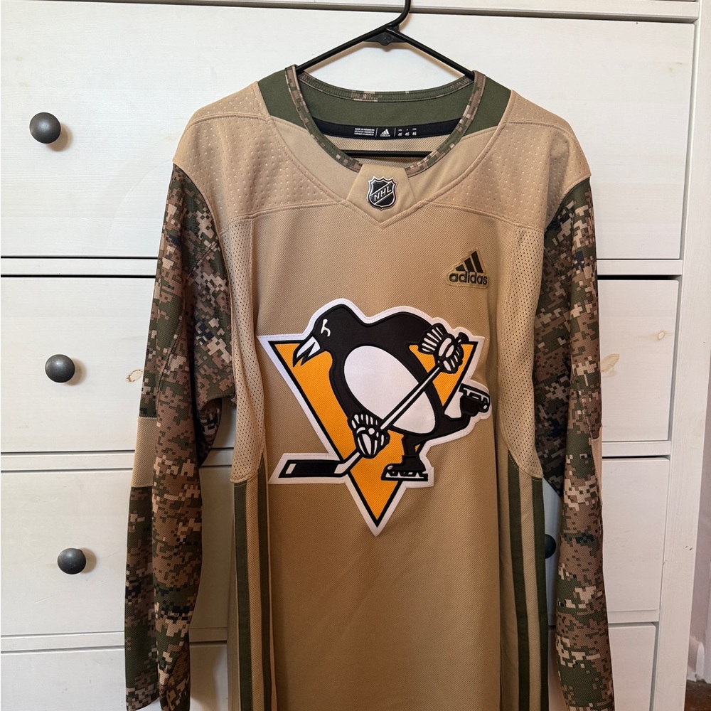 Rare Adidas Tan and Camo Penguins Hockey Jersey